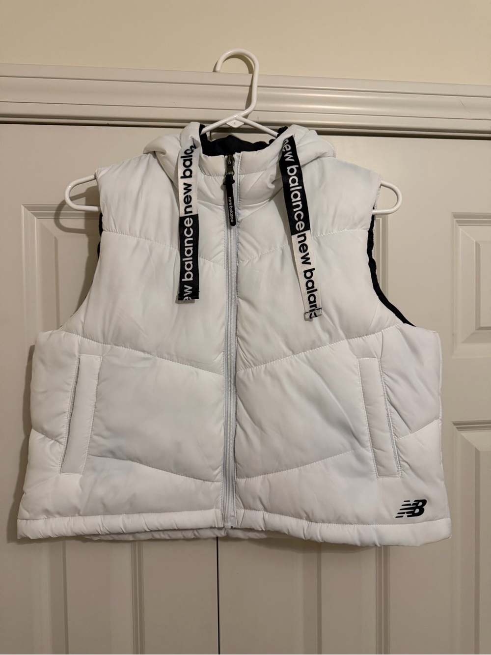 New Balance White Puffer Vest with Branded Hood Ties